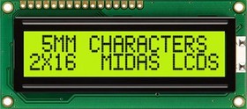 MC21605C6WK-SPTLY-V2, MC21605C6WK-SPTLY-V2 Alphanumeric LCD Alphanumeric Display, 2 Rows by 16 Characters