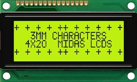 MC42004A6W-SPTLY-V2, Буквенно-цифровой ЖКД, 20 x 4, Черный на Желтом / Зеленом, 5В, Параллельный, Английский, Японский