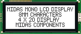 MC42008A6W-FPTLW, Буквенно-цифровой ЖКД, 20 x 4, Черный на Белом, 5В, Параллельный, Английский, Японский