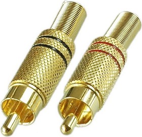 Разъем RCA штекер металл на кабель, пайка, красный и черный 2 полосы , Gold, PL2157