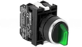 Фото 1/3 B191SL30Y, Переключатель 2-0-1, с фиксацией, зелёный, 2НО, серия B, 250В AC, 4 А, с блоком подсветки B9, зелёный светодиод, 12-30 В AC/DC