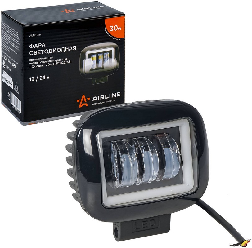 Фара светодиодная 30W 9 диодов 120х126х65 12/24V (прямоугольная,четкая свет.граница+обод) (AIRLINE)