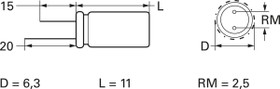 Electrolytic capacitor, 100 µF, 35 V (DC), ±20 %, radial, pitch 2.5 mm, Ø 6.3 mm