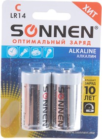 Фото 1/10 Батарейки Alkaline, С LR14, 14А, 2 шт, в блистере, 451090