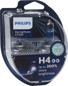 12342RGT2, Лампа 12V H4 60/55W P43t-38 +200% бокс (2шт.) Racing Vision GT 200 PHILIPS
