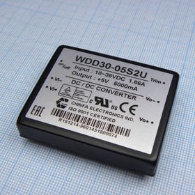 WDD30-05S2U, DC-DC, 30Вт, Uвх=18...36В, Uвых=5В/5А, изоляция 1500В DC, 50.8x40.6х10.2 мм, -40°С:+61°С