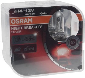 64193NBS2(EURO), Лампа 12V H4 60/55W P43t +100% бокс (2шт.) Night Breaker Silver OSRAM