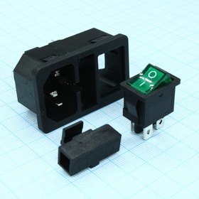 Фото 1/3 L-KLS1-AS-303-4-4GS, 220V вилка на блок, 3 контакта, с выключателем (не установлен) и предохранителем, кнопка с зеленой подсветкой, креплени