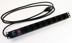 Фото 1/10 Hyperline SHE19-8SH-S-2.5EU Блок розеток для 19" шкафов, горизонтальный, с выключателем с подсветкой, 8 розеток Schuko (16A), 250В, кабель п