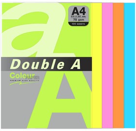 Бумага цветная DOUBLE A, А4, 75 г/м2, 100 л., 5 цветов x 20 л., микс неон