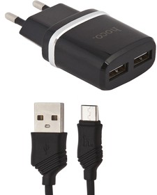 Фото 1/4 Зарядное устройство HOCO C12 Smart 2xUSB, 2.4А + USB кабель MicroUSB, 1м (черный)