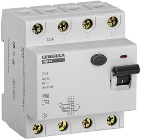 Фото 1/3 Выключатель дифференциального тока (УЗО) 4п 25А 30мА тип AC ВД1-63 GENERICA MDV15-4-025-030