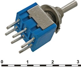 Фото 1/2 MTS-203-A2 on-off-on, Микротумблер MTS-203-A2, ON-OFF-ON, DPDT, 3 А, 250 В, 20 мОм, установочное отверстие 6 мм, 6 контактов