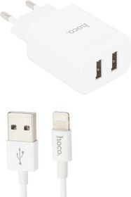 Фото 1/5 Зарядное устройство HOCO C62A Victoria 2xUSB, 2.1А + USB кабель Lightning 8-pin, 1м (белый)