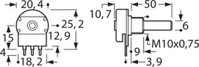 Conductive plastic potentiometer, 1 MΩ, 0.4 W, linear, solder pin, PC20BU 6MM F1 1M LIN