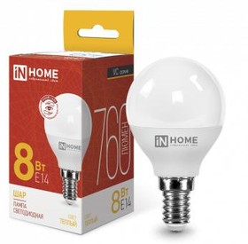 Фото 1/3 Лампа светодиодная LED-ШАР-VC 8Вт шар 3000К тепл. бел. E14 760лм 230В IN HOME 4690612020549