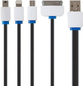 Фото 1/3 USB кабель "LP" 4 в 1 для подзарядки Lightning 8 pin/30 pin/MicroUSB/MiniUSB плоский (черн./бел./син