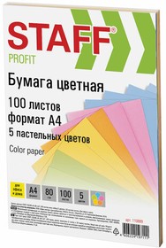 Фото 1/10 Бумага цветная STAFF "Profit", А4, 80 г/м2, 100 л. (5 цв. х 20 л.), пастель, для офиса и дома, 110889