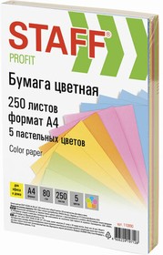 Фото 1/10 Бумага цветная STAFF "Profit", А4, 80 г/м2, 250 л. (5 цв. х 50 л.), пастель, для офиса и дома, 110890