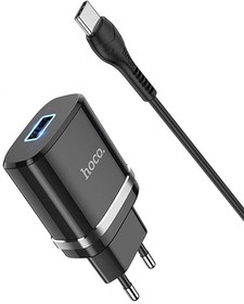 Фото 1/2 Зарядное устройство HOCO N1 Ardent 1xUSB, 2.4А, LED + USB кабель Type-C, 1м (черный)