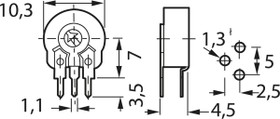 Cermet trimmer potentiometer, 100 Ω, 0.33 W, THT, lateral, PTC 10 LH 100R