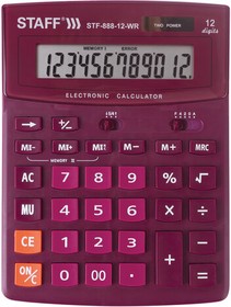Фото 1/10 Калькулятор настольный STAFF STF-888-12-WR (200х150 мм) 12 разрядов, двойное питание, БОРДОВЫЙ, 250454
