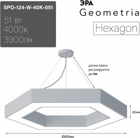 Фото 1/7 Светильник LED ЭРА Geometria SPO-124-W-40K-051 Hexagon 51Вт 4000К 800*800*80 белый подвесной драйвер внутри Б0058882