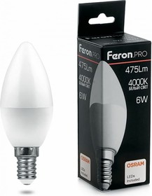 Фото 1/3 38045, Лампа светодиодная LED 6вт Е14 белый матовая свеча Feron.PRO