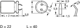 Electrolytic capacitor, 100 µF, 450 V (DC), ±20 %, radial, pitch 10 mm, Ø 22 mm