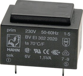 EI305 2844, PCB Transformer, 230 VAC, 2x 15 VAC, 76mA, 2.3VA