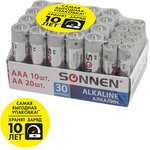 Батарейки КОМПЛЕКТ 30 (20+10) шт., SONNEN Alkaline, AA+ААА (LR6+LR03) ...