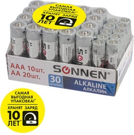Фото 1/10 Батарейки КОМПЛЕКТ 30 (20+10) шт., SONNEN Alkaline, AA+ААА (LR6+LR03), в коробке, 455097