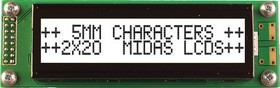 Фото 1/2 MC22005A6W-FPTLW3.3-V2, MC22005A6W-FPTLW3.3-V2 LCD LCD Display, 2 Rows by 20 Characters