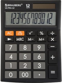 Фото 1/10 Калькулятор настольный BRAUBERG ULTRA-12-BK (192x143 мм), 12 разрядов, двойное питание, ЧЕРНЫЙ, 250491