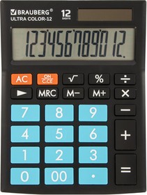 Фото 1/10 Калькулятор настольный BRAUBERG ULTRA COLOR-12-BKBU (192x143 мм), 12 разрядов, двойное питание, ЧЕРНО-ГОЛУБОЙ, 250497