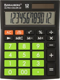 Фото 1/10 Калькулятор настольный BRAUBERG ULTRA COLOR-12-BKLG (192x143 мм), 12 разрядов, двойное питание, ЧЕРНО-САЛАТОВЫЙ, 250498