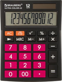 Фото 1/10 Калькулятор настольный BRAUBERG ULTRA COLOR-12-BKWR (192x143 мм), 12 разрядов, двойное питание, ЧЕРНО-МАЛИНОВЫЙ, 250500