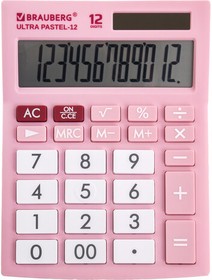 Фото 1/10 Калькулятор настольный BRAUBERG ULTRA PASTEL-12-PK (192x143 мм), 12 разрядов, двойное питание, РОЗОВЫЙ, 250503