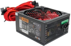 Фото 1/4 Ginzzu PC800 14CM(Red) 80+ black,APFC,24+4p,4 PCI-E(6+2), 7*SATA, 4*IDE,оплетка, кабель питания,цветная коробка