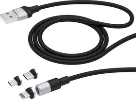 Фото 1/4 72282, Дата-кабель USB 3 в 1: micro USB, USB-C, Ligthning, 2.4A, магнитный, ткань, черный, Deppa