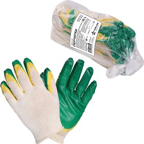 Фото 1/3 AWG-C-09, Перчатки ХБ с двойным латексным покрытием ладони, зеленые (5 пар)