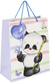 Фото 1/6 Пакет подарочный (1 штука) 26x13x32 см, ЗОЛОТАЯ СКАЗКА "Lovely Panda", глиттер, белый с голубым, 608241