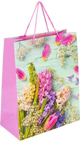 Фото 1/6 Пакет подарочный (1 штука) 26x13x32 см, ЗОЛОТАЯ СКАЗКА "Spring Flowers", глиттер, розовый, 608247