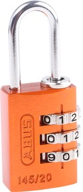 145/20 Orange, 145/20 Combination Weatherproof Aluminium, Steel Safety Padlock, 3mm Shackle, 20mm Body