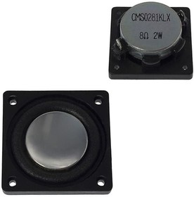 CMS0281KLX, Speakers & Transducers speaker, 28 mm square, 11.2 mm deep, paper, Nd-Fe-B, 2 W, 8 ohm, 310 Hz, solder eyelets