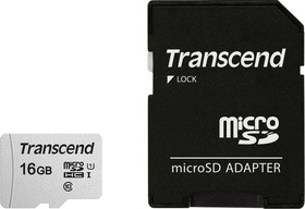Фото 1/10 Карта памяти microSDHC UHS-I U1 Transcend 16 ГБ, 95 МБ/с, Class 10, TS16GUSD300S-A, 1 шт., переходник SD