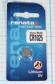 Батарейка, напряжение 3 В, 30мАч, 10x2.5, Li, CR1025, RENATA