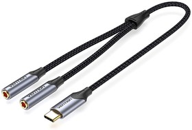 BGNHY, Vention гибкий USB-C M / Jack 3.5 mm F x 2 - 0.3м, Переходник-разветвитель Vention гибкий USB-C M/Jack 3.5 mm F x 2 - 0.3м