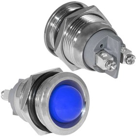 GQ19SR-B, Индикатор антивандальный , цвет синий, точечный излучатель, 12-24 В, 15 мА, гибкие выводы, никелированная латунь