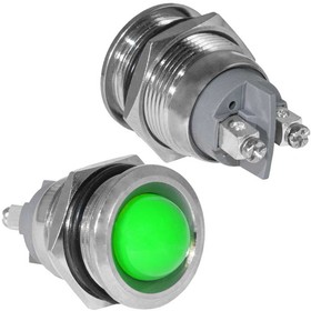 GQ19SR-G, Индикатор антивандальный , цвет зеленый, точечный излучатель, 12-24 В, 15 мА, гибкие выводы, никелированная латунь
